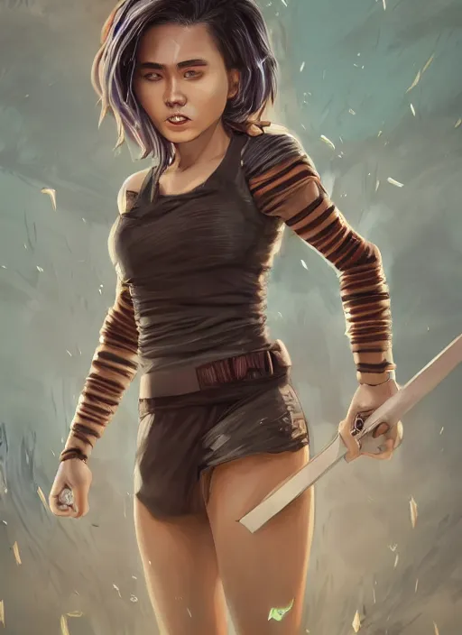 Image similar to An epic fantasy comic book style portrait painting of a young Malaysian woman, expressive, dark piercing eyes, staring at the viewer, tomboy, flat face, pouting, tan skin, beautiful futuristic hair style, monochromatic striped tank top with long sleeves, bare midriff, unreal 5, DAZ, hyperrealistic, octane render, cosplay, RPG portrait, dynamic lighting