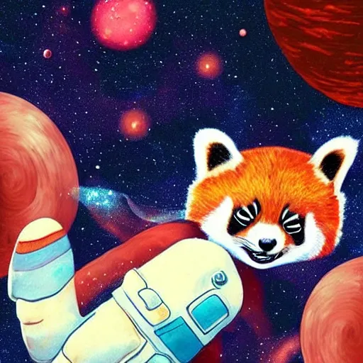 Image similar to astronaut red panda floating in space, stars and nebula in the background, cute