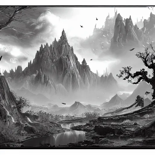 Prompt: impressive fantasy landscape, pure b & w, line art, behance, masterpiece