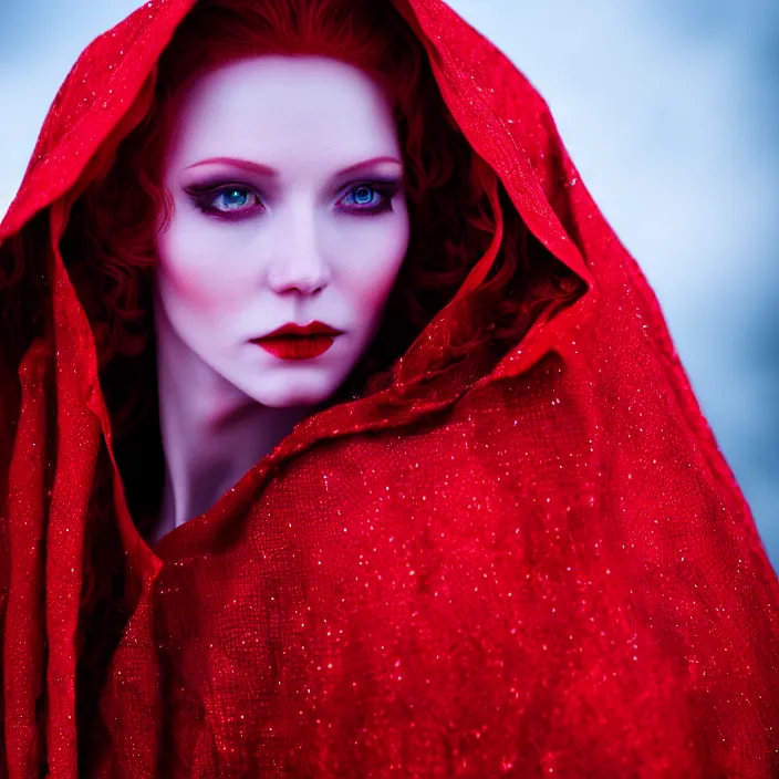 Prompt: photograph of a real-life beautiful red witch with intricate cloak. Extremely detailed. 8k