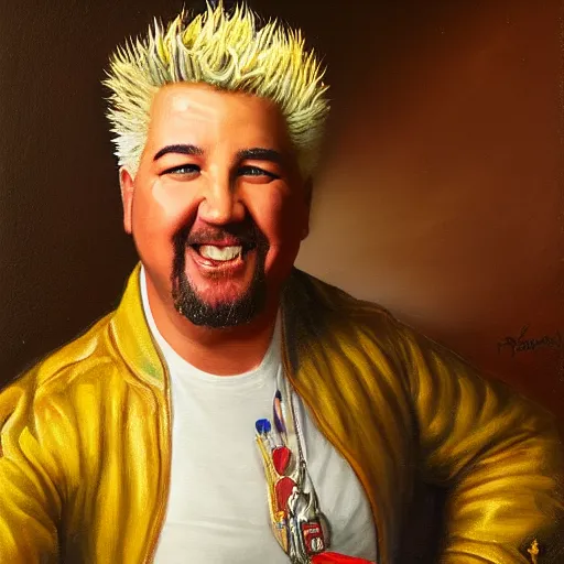 Prompt: upper body portrait painting of Guy Fieri wearing a naval admiral jacket with medals, Oil painting by rembrandt