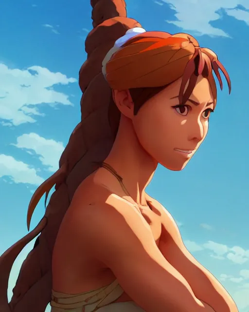 Image similar to ginger tanned woman in a prehistoric outfit, by artgerm, hair tied in a ponytail, no background character concept, by studio muti, greg rutkowski makoto shinkai takashi takeuchi studio ghibli