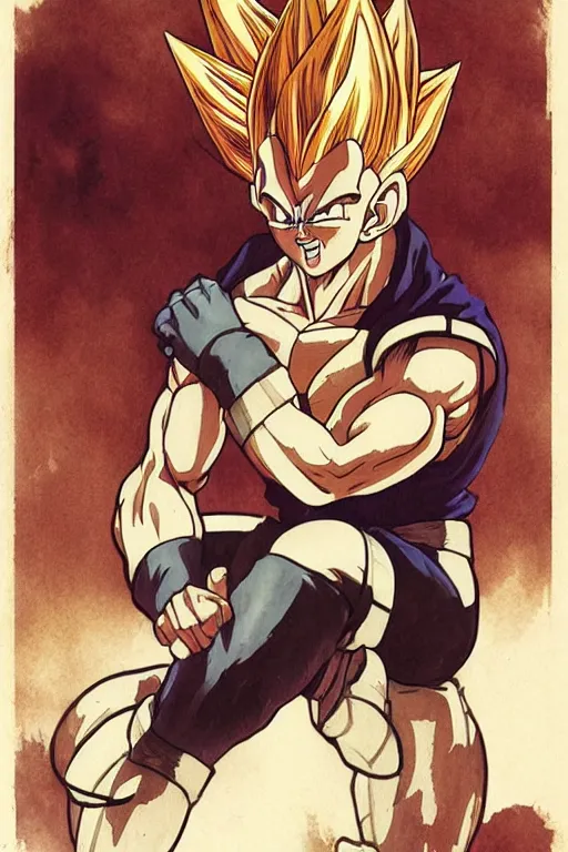 Image similar to vegeta from dragon ball z, by greg rutkowski and alphonse mucha, sharp focus, matte