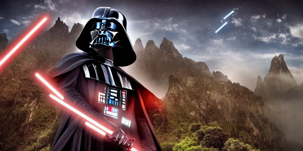 Image similar to Darth Vader playing electric guitar on top of mountain, epic landscape