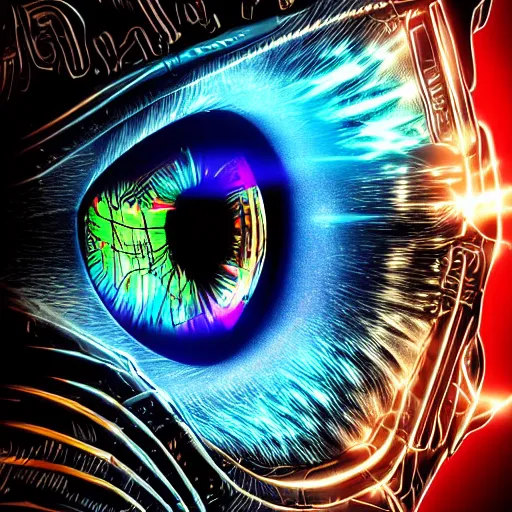 Image similar to eye of a cybernetic tiger, futuristic, cyberpunk, digital illustration, photo - realistic, macro, extremely detailed, vivid, neon, dramatic lighting, intricate details