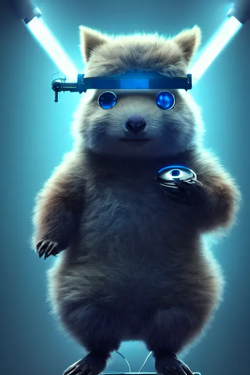 Prompt: high quality digital art sci - fi very cute fluffy! wombat!! cyborg soldier with futuristic mechanical legs, cyberpunk monocle!, highly detailed, unreal engine cinematic smooth, in the style of detective pikachu, hannah yata charlie immer, dark blue neon light, low angle, uhd 8 k, sharp focus