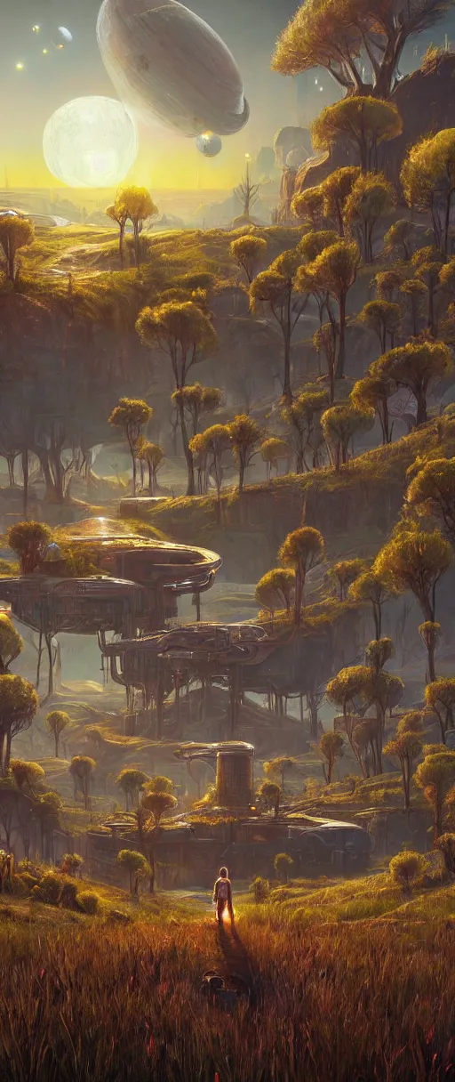 Prompt: a highly detailed beautiful dreamy breathtaking matte painting of the outer worlds screenshot, a tall grass field, broken machinery, simon stalenhag, featured on artstation, pulp scifi book cover art, i can't believe how beatiful this is, wow