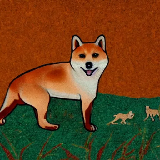 Prompt: ancient cave painting of a shiba inu