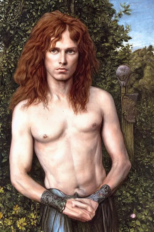 Prompt: Pre-Raphaelite portrait of eddie from Iron Maiden with blond hair and grey eyes