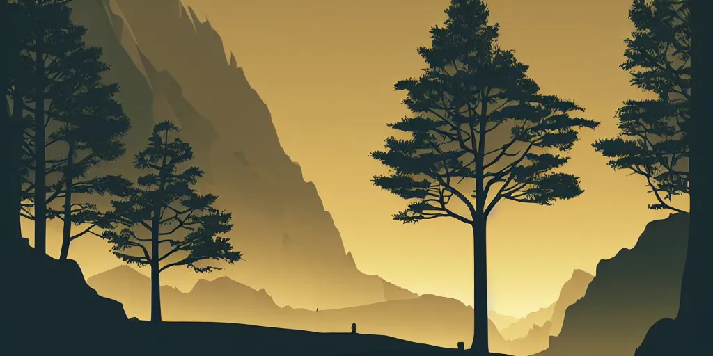 Image similar to a minimalist picture of a beautiful landscape, trees, stream, sunset, mountains, vector art, by petros afshar