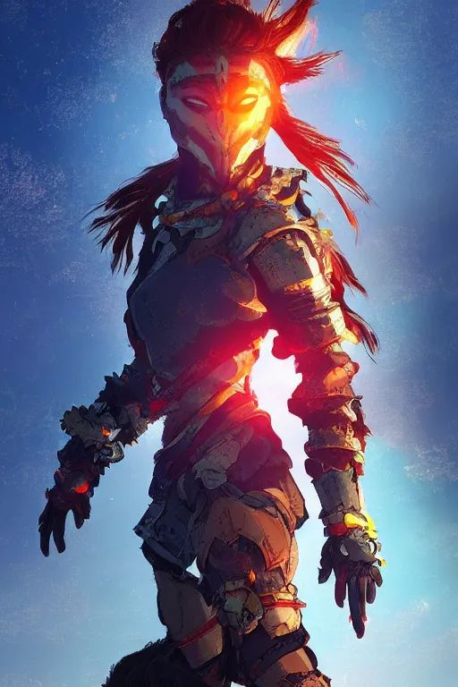 Image similar to combination suit armor aloy horizon forbidden west horizon zero dawn radiating a glowing aura global illumination ray tracing hdr fanart arstation by ian pesty and alena aenami artworks in 4 k tribal robot ninja mask helmet backpack