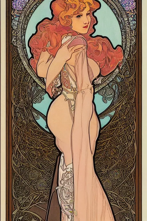 Prompt: full length art nouveau painting of princess - peach!!!!!!! by mucha, sharp edges, intricate line - work.