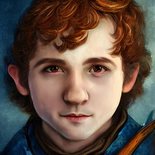 Image similar to realistic portrait of a halfling male, happy, bard, short hair, lute, intricate details, cinematic, photo, fantasy, medieval