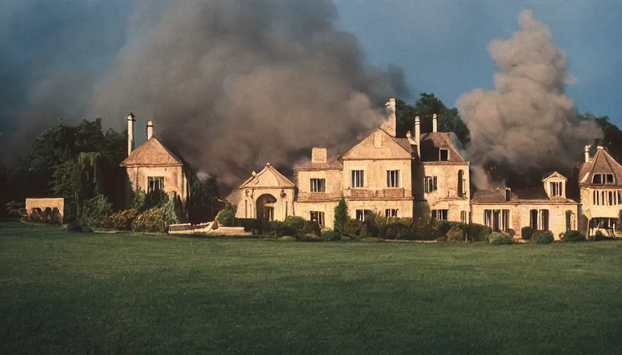 Image similar to 1 9 7 0 s movie still of a heavy burning french style manor in a small french village, cinestill 8 0 0 t 3 5 mm, heavy grain, high quality, high detail, dramatic light, anamorphic, flares