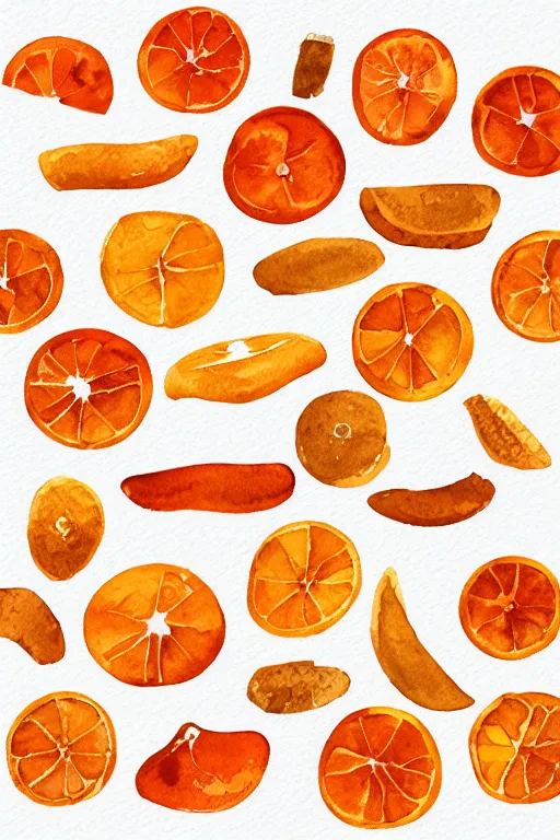 Image similar to minimalist watercolor art of dried orange slices on white background, illustration, vector art