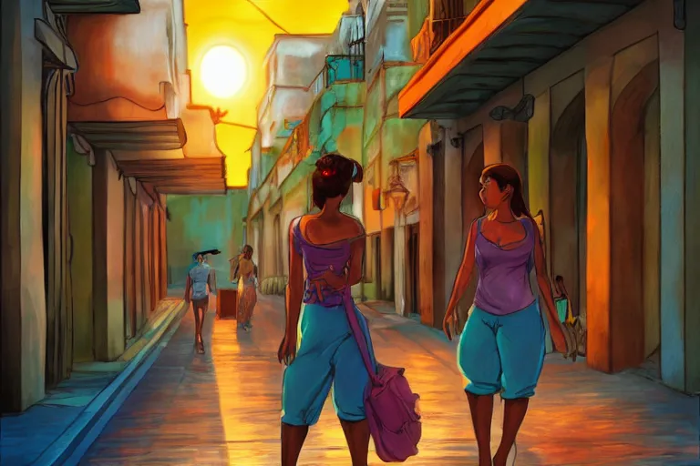 Prompt: concept art, cuban women in havana, digital anime art, good lighting, sunset