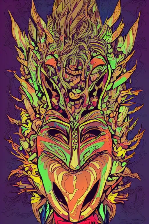 Image similar to animal mask totem roots flower tribal feather gemstone plant wood rock shaman vodoo video game vector cutout illustration vivid multicolor borderlands comics by josan gonzales and dan mumford radiating a glowing aura