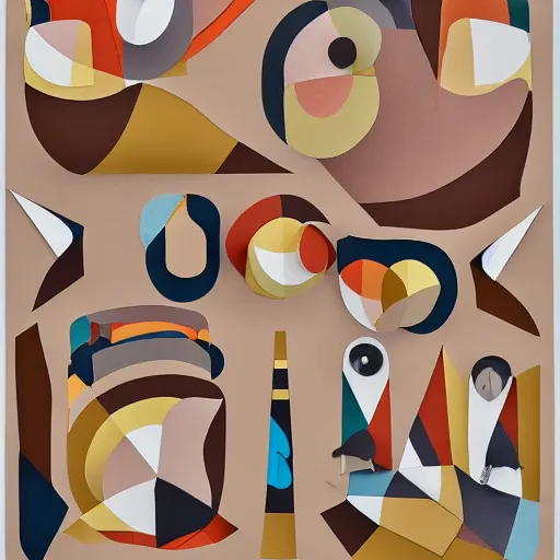 Prompt: paper cut out collage artwork, earth tone colors, block colors, abstract painting of a jazz band, trending on behance