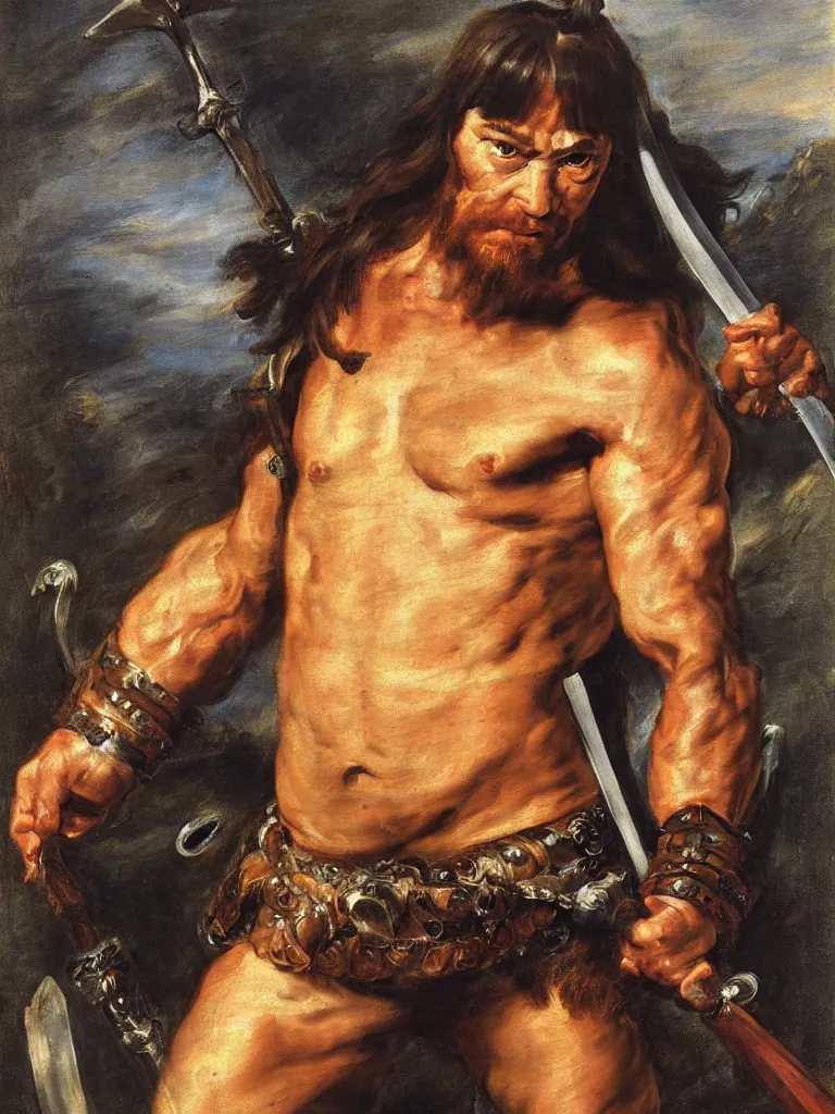 Image similar to a full figure portrait of Conan the barbarian holding a sword, oil painting by Peter Paul Rubens, hd, sharp focus,