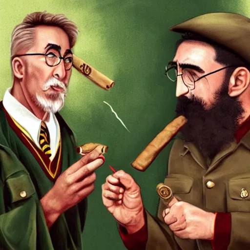 Image similar to Harry Potter smokes a Cuban cigar with Fidel Castro. Photo. Good quality. Hyperrealism.