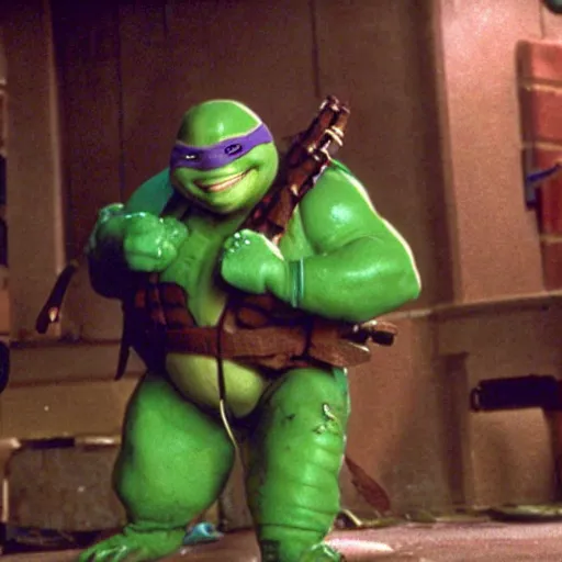 Prompt: Danny DeVito as a Ninja Turtle in Teenage Mutant Ninja Turtles (1990), film still, photo