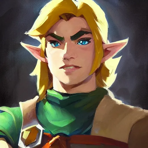 Image similar to greg manchess handsome portrait painting of young link in the legend of zelda as overwatch character, medium shot, asymmetrical, profile picture, organic painting, sunny day, matte painting, bold shapes, hard edges, street art, trending on artstation, by huang guangjian and gil elvgren and sachin teng