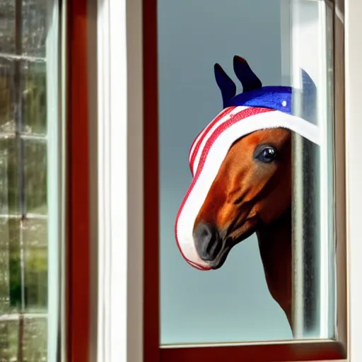 Image similar to photo of a horse wearing a captain america costume looking into a lounge window in a house