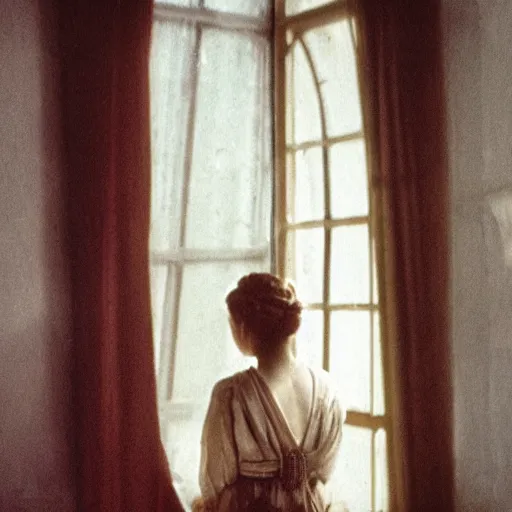 Prompt: film still of a distressed young female figure by the window in victorian dress, there is no true beauty without decay, lighting by sven nykvist