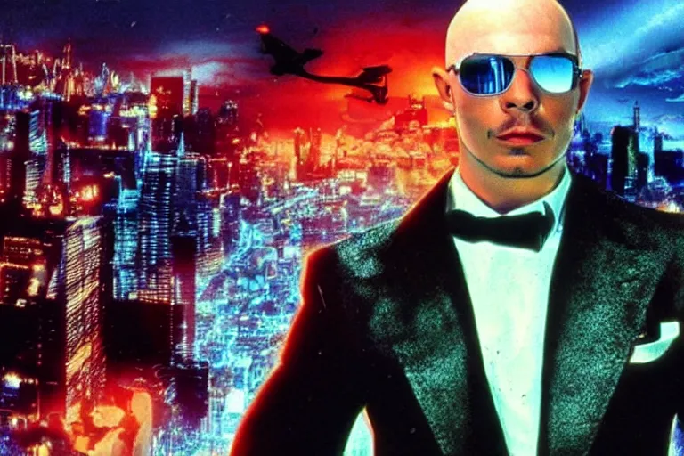 Prompt: pitbull mr. worldwide in a ps 1 game, in 2 0 5 5, y 2 k cybercore, still from a ridley scott movie