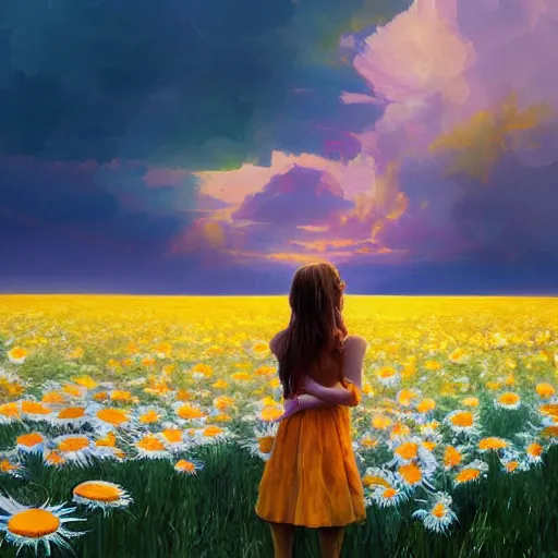 Prompt: head made of giant daisies, girl standing barefoot in a vast flower field, arms outstretched, surreal photography, sunrise dramatic light, impressionist painting, colorful clouds, large sky, digital painting, artstation, simon stalenhag, flower face