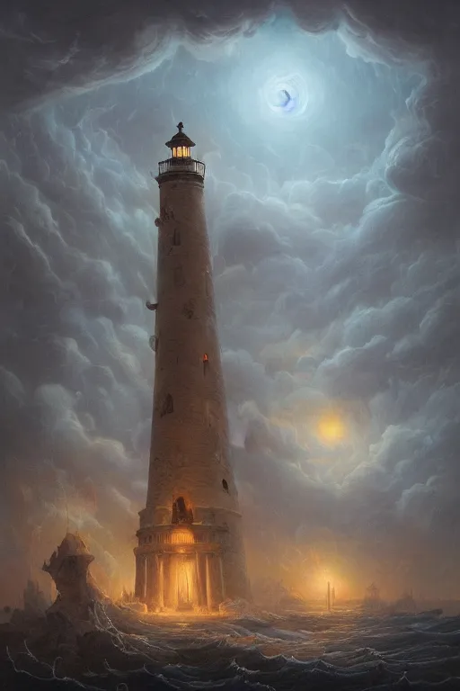 Prompt: Detailed Exterior Shot of Stormy Nightmare Evil Stormy!!! Lighthouse of Alexandria, light of hell, moonlight shafts, flock of birds, moody grim atmosphere, in Style of Peter Mohrbacher, cinematic lighting