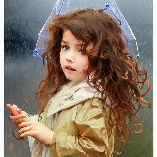 Prompt: a little girl with short wavy curly light brown hair and blue eyes wearing a colorful raincoat in the rain. by artgerm and greg rutkowski and alphonse mucha