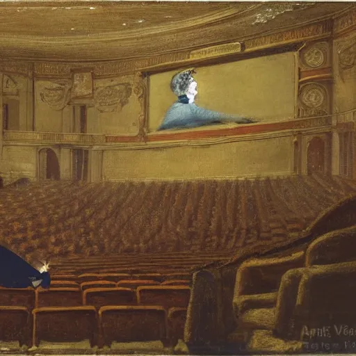 Image similar to an actress on stage in an old theater. she has only a single visitor in the audience, by alfred stevens