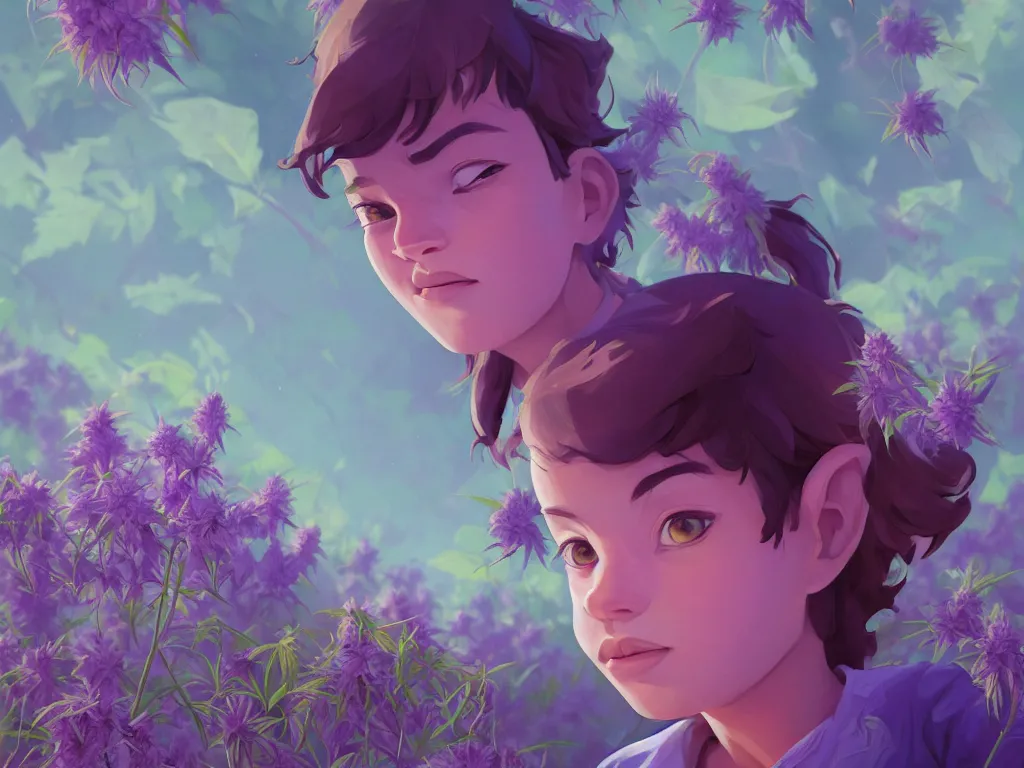 Image similar to single kid symmetrical beauty face in focus purple flowers of marijuana hemp cannabis, behance hd, by jesper ejsing, by rhads, makoto shinkai, lois van baarle, ilya kuvshinov, rossdraws global illumination, golden ratio