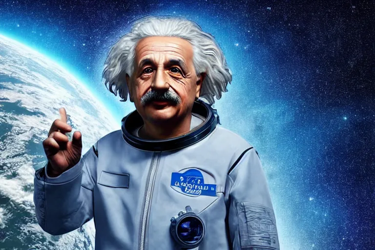 Image similar to still fullbody photo of sad albert einstein in spacesuit, giant flat earth on turtles at background, highly detailed, photorealistic shot, bright studio setting, studio lighting, crisp quality and light reflections, unreal engine 5 quality render