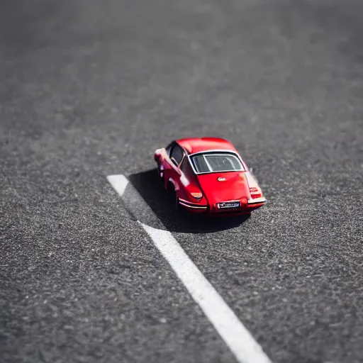 Image similar to close up photo of a small toy porsche 9 1 1 9 6 4 on a road stripe, cinematic, shallow dof, 3 5 mm, 4 k, macro