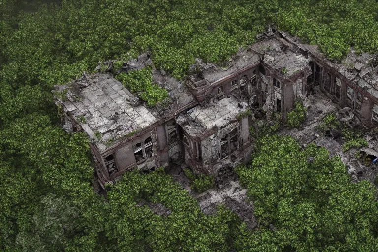 Prompt: aerial photograph of a ruined, abandoned polish mansion, overgrown by plants. Dirt, leaves on ground. Octane render. Substance painter. Zbrush. Trending on artstation. 8K. Highly detailed.