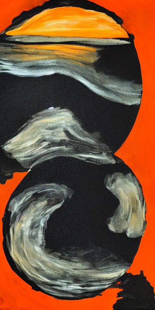 Prompt: the sea of sadness, a circular black void, a line of orange sunset, crushing despair, acrylic painting