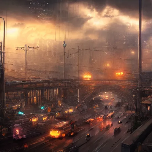 Prompt: a dystopian steampunk highroad, dense transit, electricity lightning, cold, soft, concept art, sharp focus, intricate details, highly detailed, photorealistic, disney pixar, octane render, iridescent, anime, big field of view, 8 k