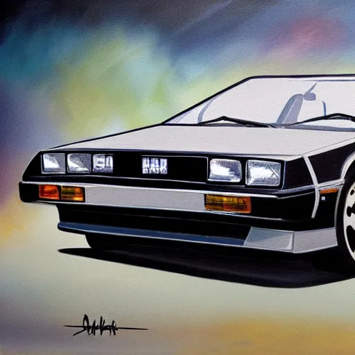 Prompt: painting of a delorean with tiger stripe viynl rap,