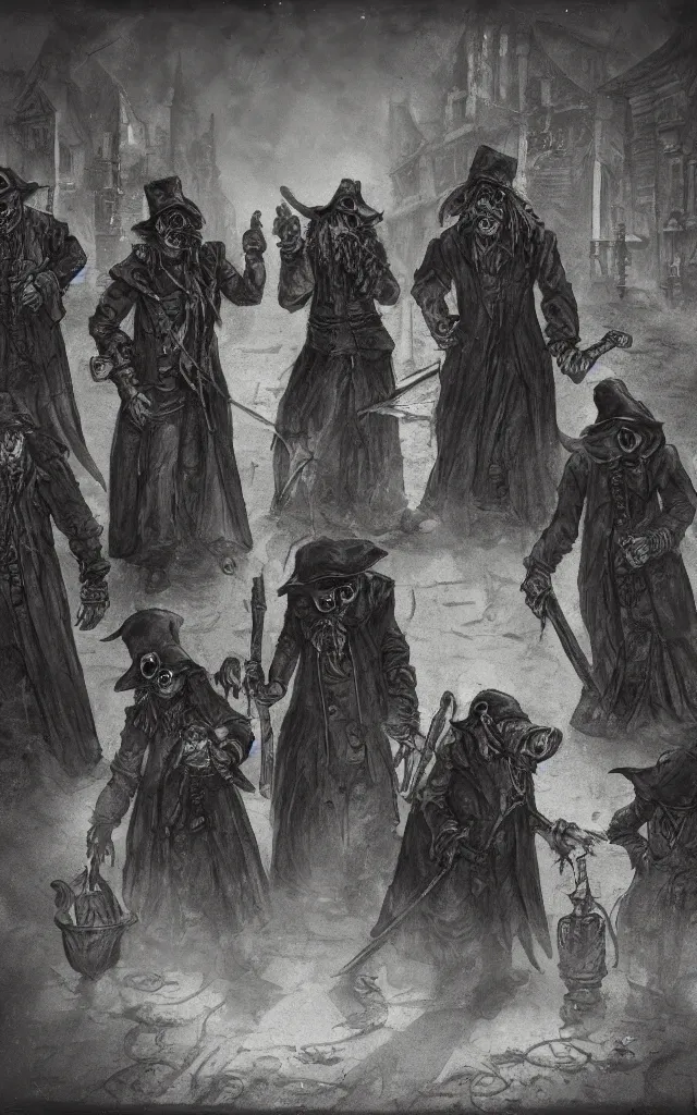 Prompt: a group of creepy plague doctors on the streets of yharnam, daguerreotype, studio lighting, hyperrealistic, ultra detailed