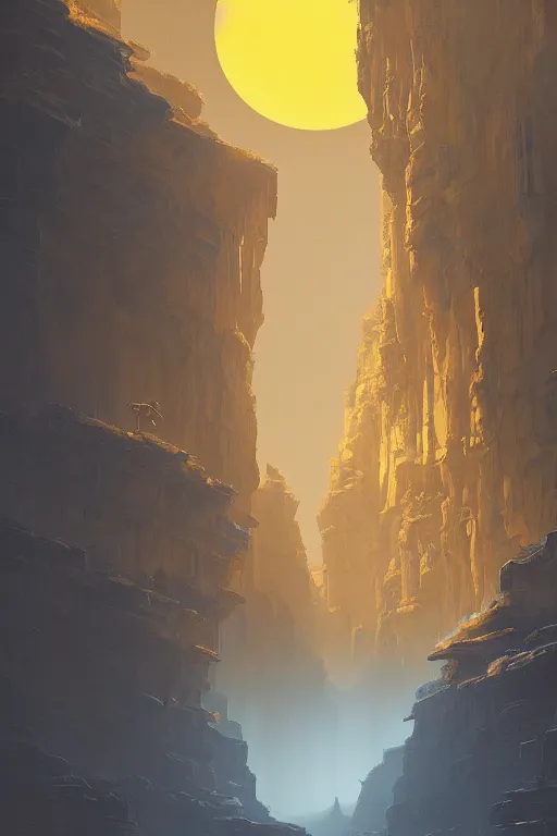 Prompt: ancient temples glowing yellow in canyon, monks, golden statue, light streaks in the sky, floating planets and moons, dramatic lighting, artstation, matte painting, ralph mcquarrie, simon stalenhag