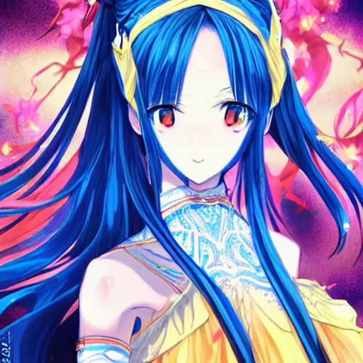 Prompt: a teenage anime girl wearing a very high intricate detailed dress made out of blue fire , full body, very long black/red hair, one yellow and one blue eye, intense stare, cinematic lighting, medium shot, MCU, trending on artstation, CSP, Photoshop, WLOP, Rossdraws, James Jean, Andrei Riabovitchev, Marc Simonetti, Anastasia Ovchinnikova, and Sakimichan