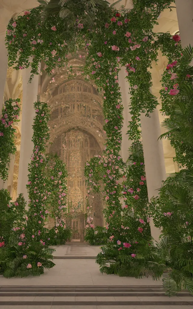 Image similar to beautiful grand cathedral interior with!! koi pond!! in the! middle! surrounded by palm trees, ivy,!! flowers!!, ( tropical plants ),!! roses!!, and with archways, rendered in octane render with photorealistic volumetric cinematic lighting, wide angle, horizontal symmetry, symmetrical! 8 k