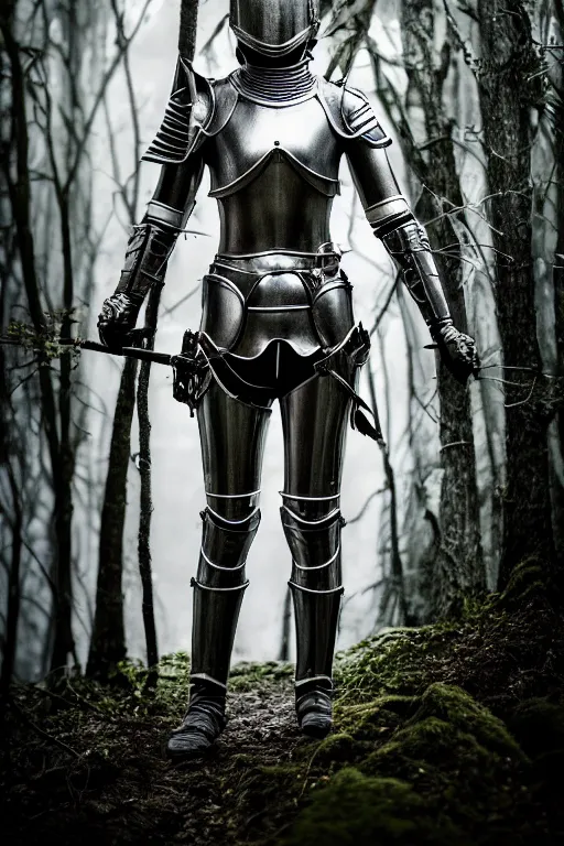Image similar to portrait of female knight in the wild nature, dressed, symmetry, cinematic, elegant, sci - fi, dark fantasy light, perfect composition, dlsr photography, sharp focus, 4 k, ultra hd, sense of awe, by wayne barlowe