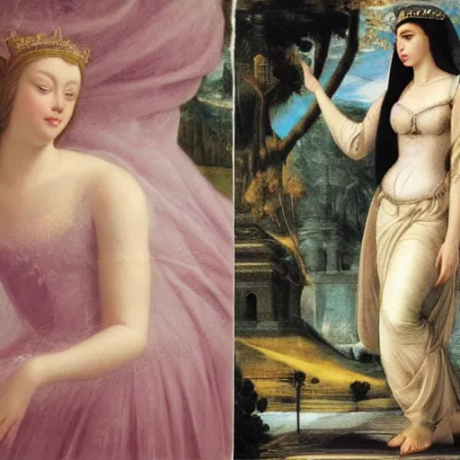 Prompt: A collage, beauty & mystery of Princess Aurora. Enigmatic smile and gaze invite us into her world, and we cannot help but be drawn in. Soft features & delicate way she is dressed make her almost ethereal. Landscape distance and mystery. What secrets Princess Aurora holds. Ancient Egyptian by Francesco Borromini, by Rene Magritte, by Tintoretto rhythmic