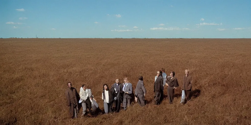 Prompt: the main cast of seinfeld in the distance in a wide open field, photograph by andrei tarkovsky