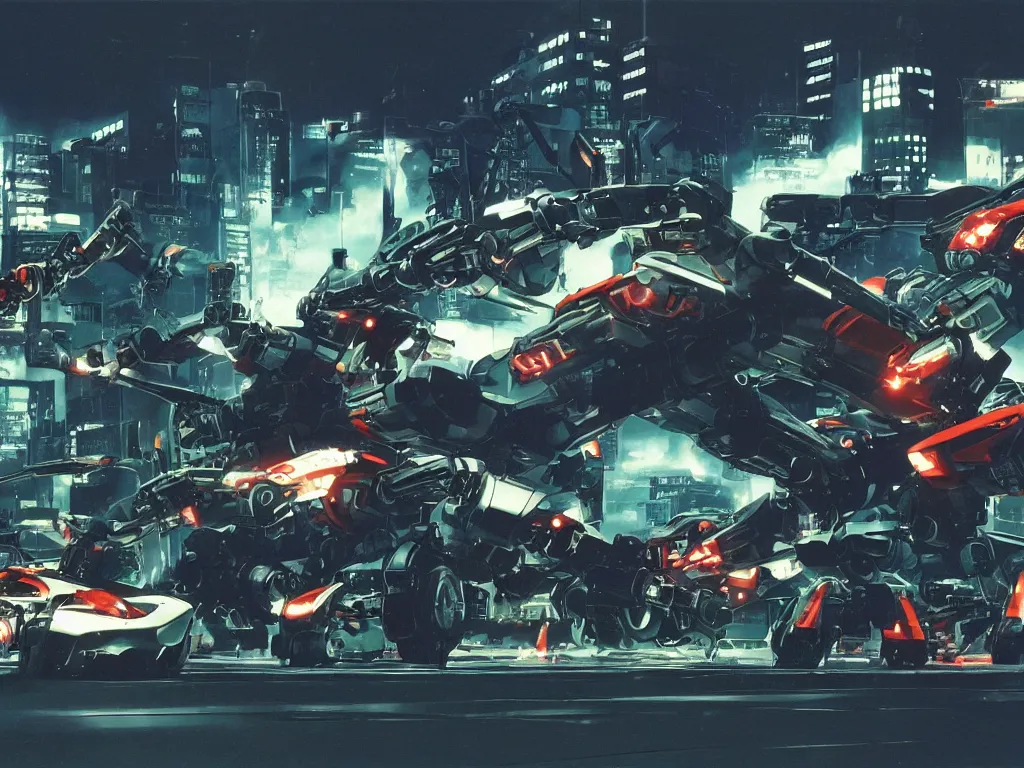 Image similar to Film still of Mechbots designed by Ferrari and Lamborghinis in battle in Tokyo at night by syd mead, Scott Robertson, james cameron, octane, 4k