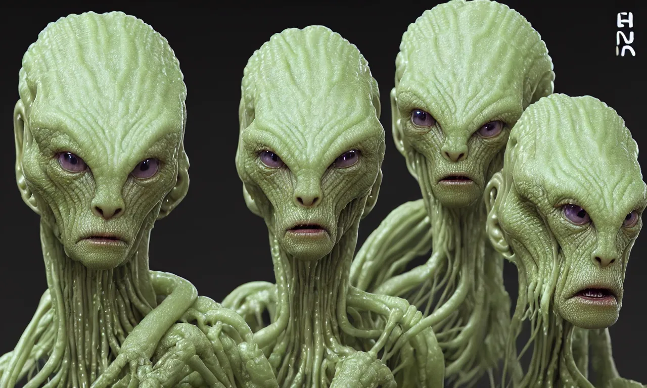 Prompt: strong translucent wax aliens casted in reflective epoxy resin box, subsurface scattering, high detail, small features, from new movie by digital domain and weta digital, strong ambient occlusion