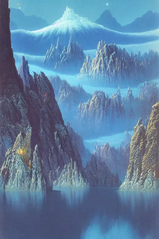 Prompt: a sci - fi landscape, cosmic sky icy lake and rocky moutains vivid by bruce pennington